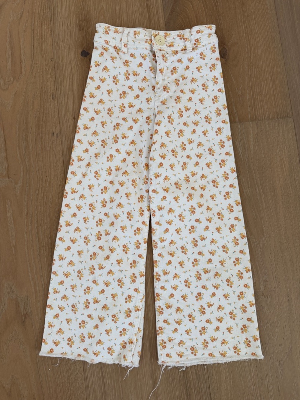 ZARA White Floral Wide-Leg jeans with Orange Flower Print